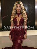 Burgundy Long Sleeves High Neck Tulle Lace Prom Dress