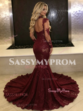 Burgundy Long Sleeves High Neck Tulle Lace Prom Dress
