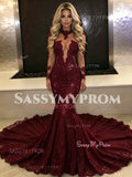 Burgundy Long Sleeves High Neck Tulle Lace Prom Dress