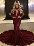 Burgundy Long Sleeves High Neck Tulle Lace Prom Dress