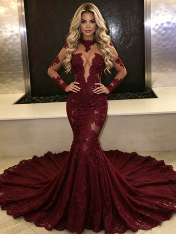 Burgundy Long Sleeves High Neck Tulle Lace Prom Dress
