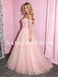 Long Sleeve Off The Shoulder Pink A Line Tulle Prom Dress