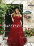 Off The Shoulder Burgundy Tulle A Line Ruffles Prom Dress