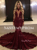 Burgundy Long Sleeves High Neck Tulle Lace Prom Dress