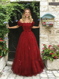Off The Shoulder Burgundy Tulle A Line Ruffles Prom Dress