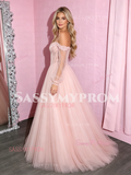 Long Sleeve Off The Shoulder Pink A Line Tulle Prom Dress