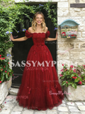 Off The Shoulder Burgundy Tulle A Line Ruffles Prom Dress
