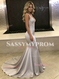 Gray V Neck Trumpet Mermaid Satin Appliques Prom Dress
