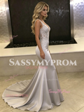 Gray V Neck Trumpet Mermaid Satin Appliques Prom Dress