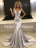 Gray V Neck Trumpet Mermaid Satin Appliques Prom Dress
