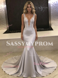 Gray V Neck Trumpet Mermaid Satin Appliques Prom Dress