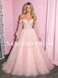 Long Sleeve Off The Shoulder Pink A Line Tulle Prom Dress