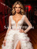 Long Sleeve V Neck Sequin A Line White Prom Dress With Slit