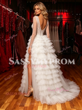 Long Sleeve V Neck Sequin A Line White Prom Dress With Slit