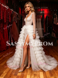 Long Sleeve V Neck Sequin A Line White Prom Dress With Slit