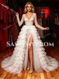 Long Sleeve V Neck Sequin A Line White Prom Dress With Slit