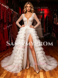 Long Sleeve V Neck Sequin A Line White Prom Dress With Slit
