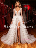 Long Sleeve V Neck Sequin A Line White Prom Dress With Slit