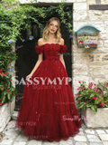 Off The Shoulder Burgundy Tulle A Line Ruffles Prom Dress