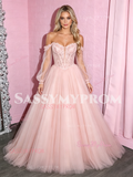Long Sleeve Off The Shoulder Pink A Line Tulle Prom Dress