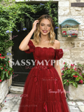 Off The Shoulder Burgundy Tulle A Line Ruffles Prom Dress