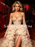 Off The Shouder Layer Champagne Tulle Prom Dresss With Slit