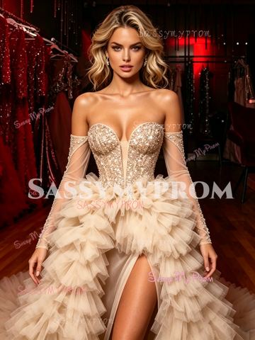 Off The Shouder Layer Champagne Tulle Prom Dresss With Slit