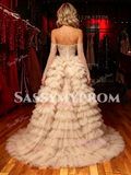 Off The Shouder Layer Champagne Tulle Prom Dresss With Slit