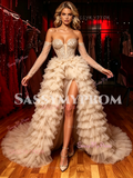 Off The Shouder Layer Champagne Tulle Prom Dresss With Slit