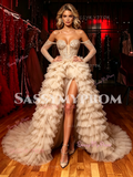 Off The Shouder Layer Champagne Tulle Prom Dresss With Slit