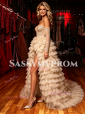 Off The Shouder Layer Champagne Tulle Prom Dresss With Slit