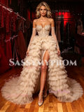Off The Shouder Layer Champagne Tulle Prom Dresss With Slit