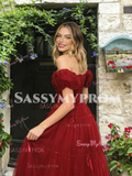 Off The Shoulder Burgundy Tulle A Line Ruffles Prom Dress