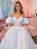 Puffy Sleeves A Line Appliques Purple Off The Shoulder Prom Dress