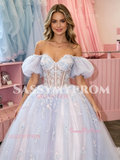 Puffy Sleeves A Line Appliques Purple Off The Shoulder Prom Dress