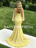 Yellow V Neck Feather Long Sleeve Trumpet Mermaid Prom Dress