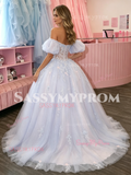 Puffy Sleeves A Line Appliques Purple Off The Shoulder Prom Dress