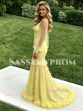 Yellow V Neck Feather Long Sleeve Trumpet Mermaid Prom Dress