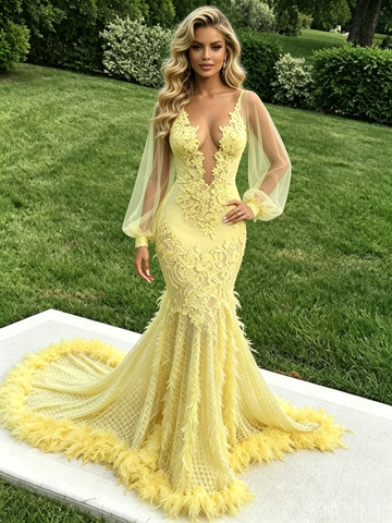 Yellow V Neck Feather Long Sleeve Trumpet Mermaid Prom Dress