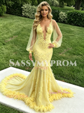 Yellow V Neck Feather Long Sleeve Trumpet Mermaid Prom Dress