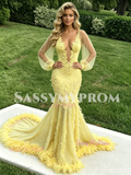 Yellow V Neck Feather Long Sleeve Trumpet Mermaid Prom Dress