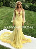 Yellow V Neck Feather Long Sleeve Trumpet Mermaid Prom Dress