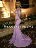 Lavender Half Sleeves Trumpet Mermaid Spandex Appliques Prom Dress