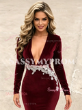 Burgundy Sweetheart Appliques Velvet Trumpet Mermaid Long Sleeve Prom Dress