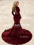 Burgundy Sweetheart Appliques Velvet Trumpet Mermaid Long Sleeve Prom Dress
