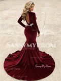 Burgundy Sweetheart Appliques Velvet Trumpet Mermaid Long Sleeve Prom Dress