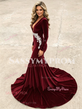 Burgundy Sweetheart Appliques Velvet Trumpet Mermaid Long Sleeve Prom Dress