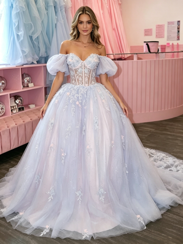Puffy Sleeves A Line Appliques Purple Off The Shoulder Prom Dress