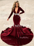 Burgundy Sweetheart Appliques Velvet Trumpet Mermaid Long Sleeve Prom Dress