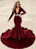 Burgundy Sweetheart Appliques Velvet Trumpet Mermaid Long Sleeve Prom Dress